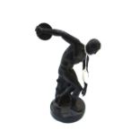 An Italian green patinated bronze figure of Discobolus, late 19th century, on a circular plinth,