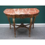 A late 19th century console table, the shaped marble top on a carved gilt base,