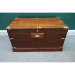 A 19th century metal bound rectangular teak trunk, on plinth base, 90cm wide.