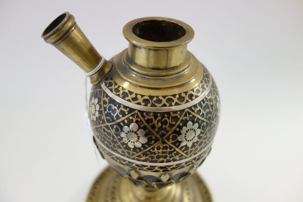 An Ottoman coconut and inlaid hookah base, 19th century, raised on a brass domed circular base, - Image 2 of 6