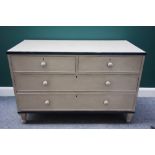 A 19th century later grey painted chest of two short and two long drawers, on turned feet,