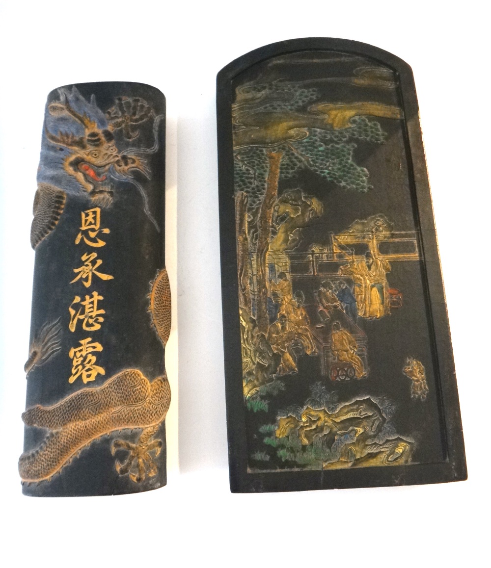 A large Chinese moulded ink cake and wood stand, 20th century, - Image 6 of 7