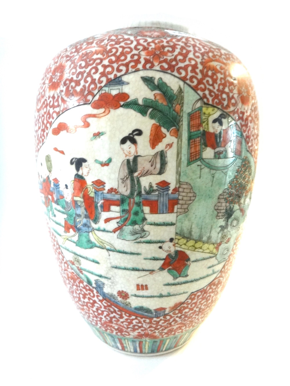 A Chinese famille-verte crackle glazed ovoid vase, late 19th century,