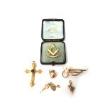 A seed pearl set brooch, designed as a Masonic square and compasses, cased,