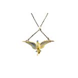 A gold, enamelled and diamond set pendant, designed as a bird without outspread wings,