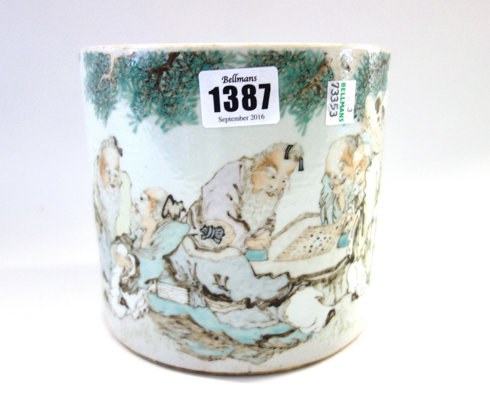 A Chinese porcelain cylindrical brush pot, 20th century,