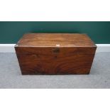 A 19th century metal bound rectangular camphor wood trunk, with side carrying handles, 85cm wide.