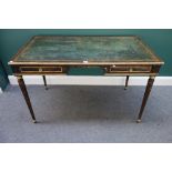 A Louis XVI style parcel gilt faux rosewood painted bureau plat, with pair of frieze drawers,