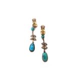 A pair of turquoise and seed pearl pendant earrings,