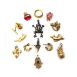 Five 9ct gold charms, including; a squirrel, a horses head and a dolphin, three foreign charms,