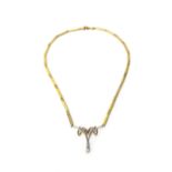 A gold and colourless gem set three stone pendant necklace, in a bar and pierced link design,