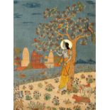 A very fine Kashmir pictorial panel depicting Shiva standing against a tree, in a moonlit landscape,