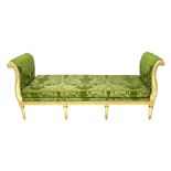 A Louis XVI style parcel gilt off-white painted double scroll end window seat,