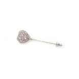 A diamond set stickpin designed as a heart shaped cluster, mounted with circular cut diamonds.