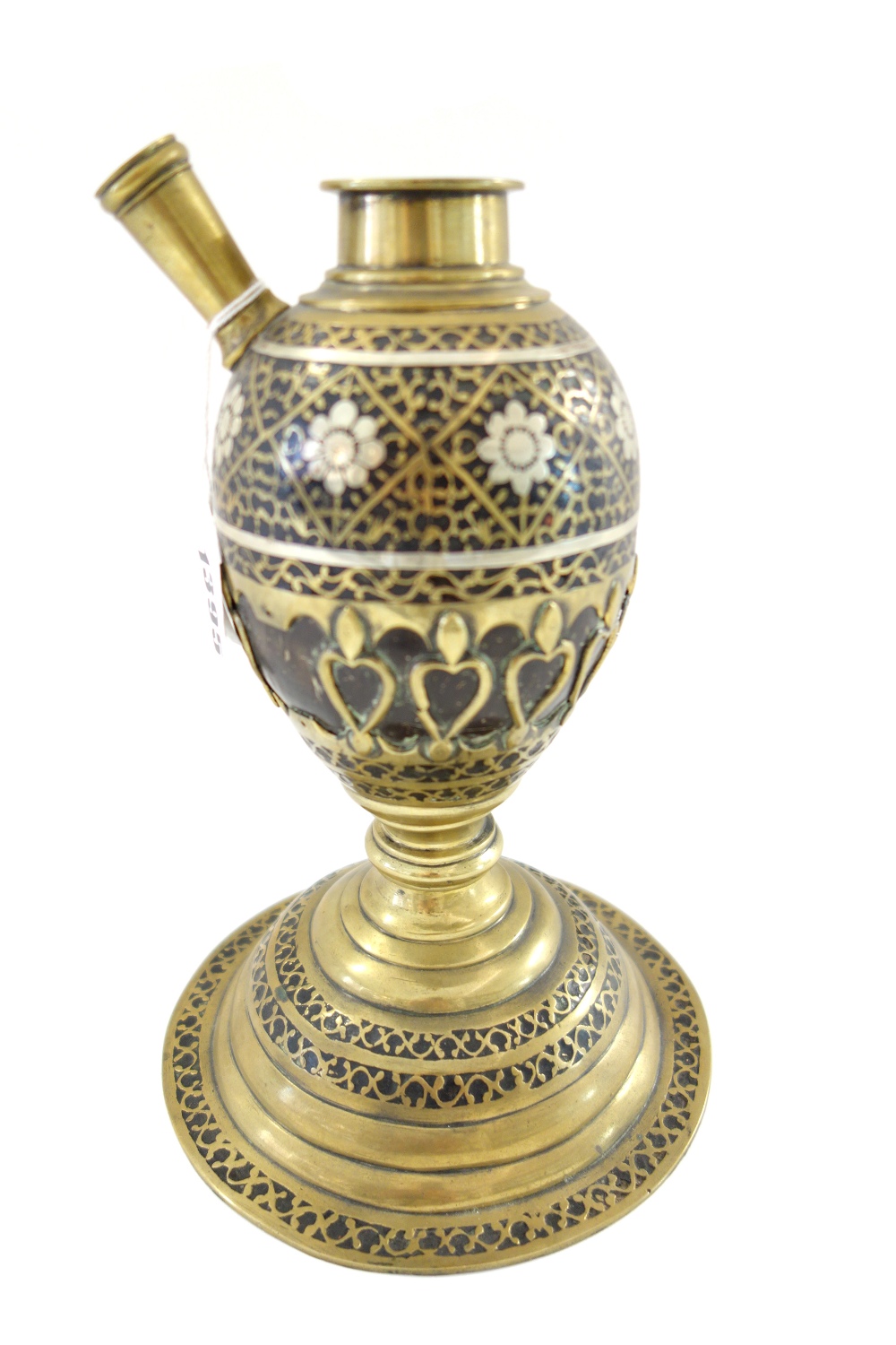 An Ottoman coconut and inlaid hookah base, 19th century, raised on a brass domed circular base,