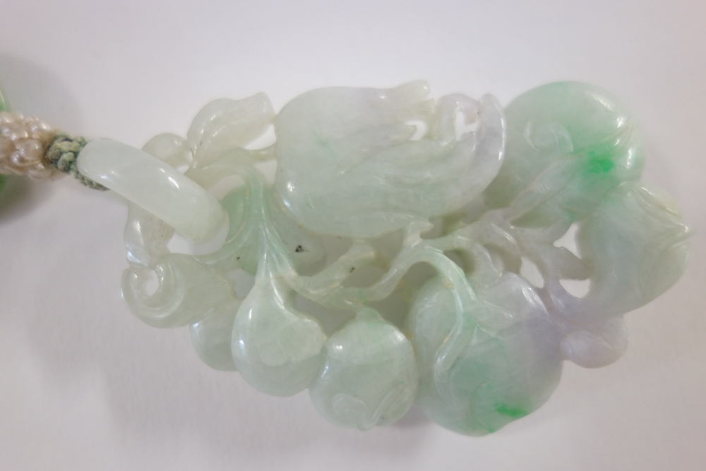 A Chinese jadeite pendant, 20th century, carved as branches of peaches and finger citron, - Image 3 of 5