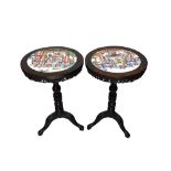 A rare pair of Chinese carved Hongmu/rosewood tripod occasional tables inset with famille-rose