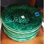 Eleven Victorian green glazed cabbage leaf moulded plates, each 23cm diameter.