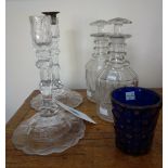 A pair of early 18th century style facet cut glass candlesticks, probably early 20th century,
