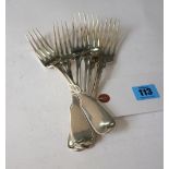 A set of six George IV Scottish silver fiddle pattern table forks, Alexander Mitchell,
