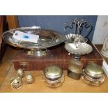 An electroplate mounted dressing table set inscribed 'Marjorie', a cake basket,