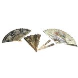 Two late 18th century painted paper fans, each with carved and pierced ivory sticks,