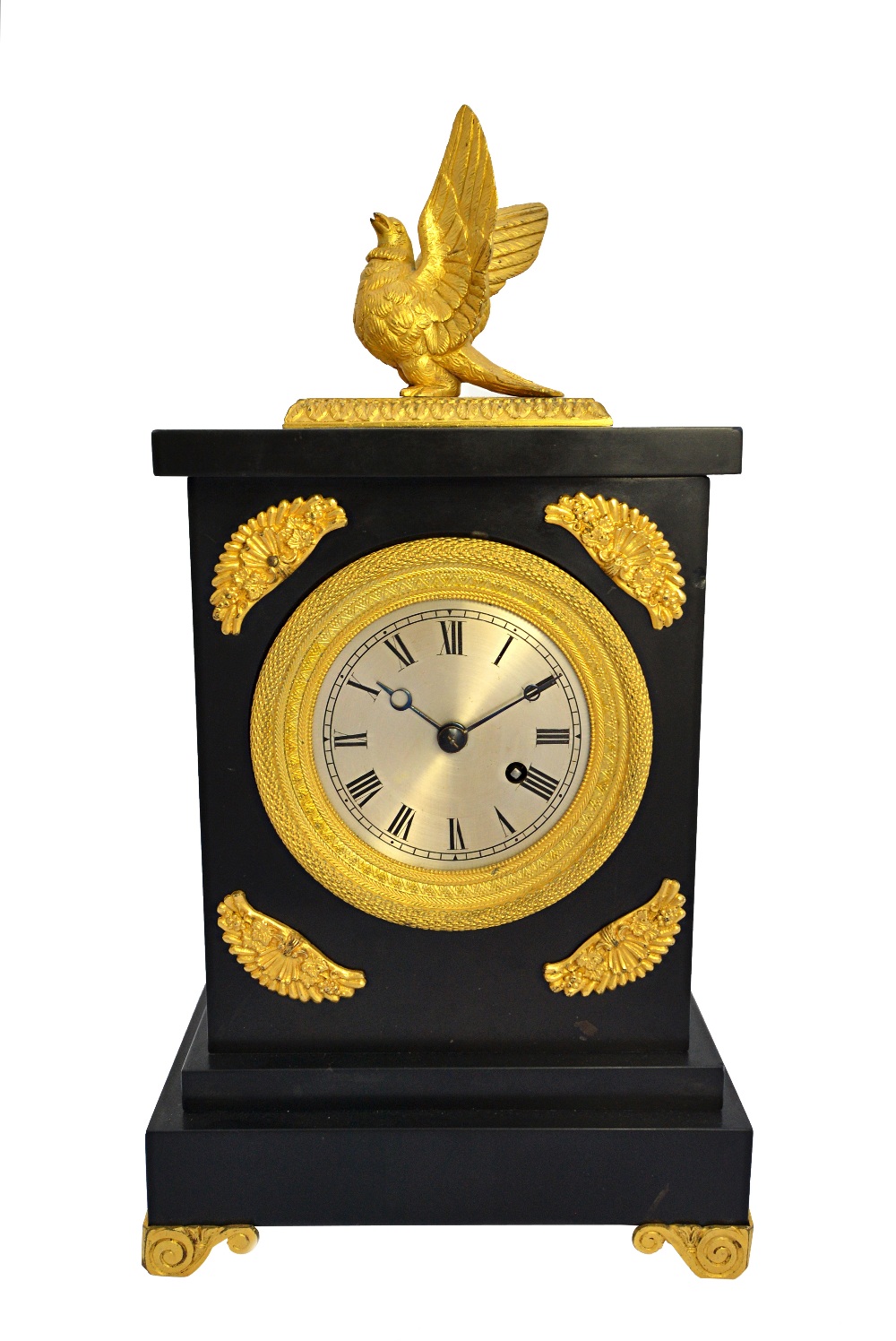 A Regency ormolu black slate mantel timepiece,