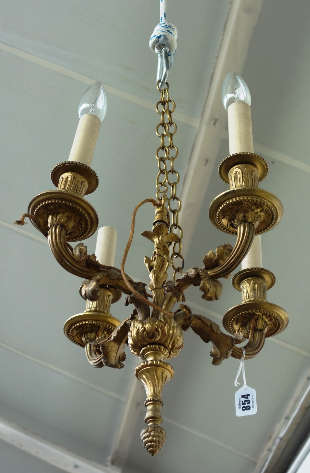 A pair of French ormolu four branch chandeliers, 20th century,