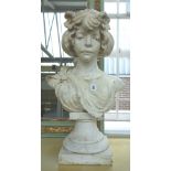 A French painted plaster bust of a young woman, 20th century, on an integral socle, 70cm high.