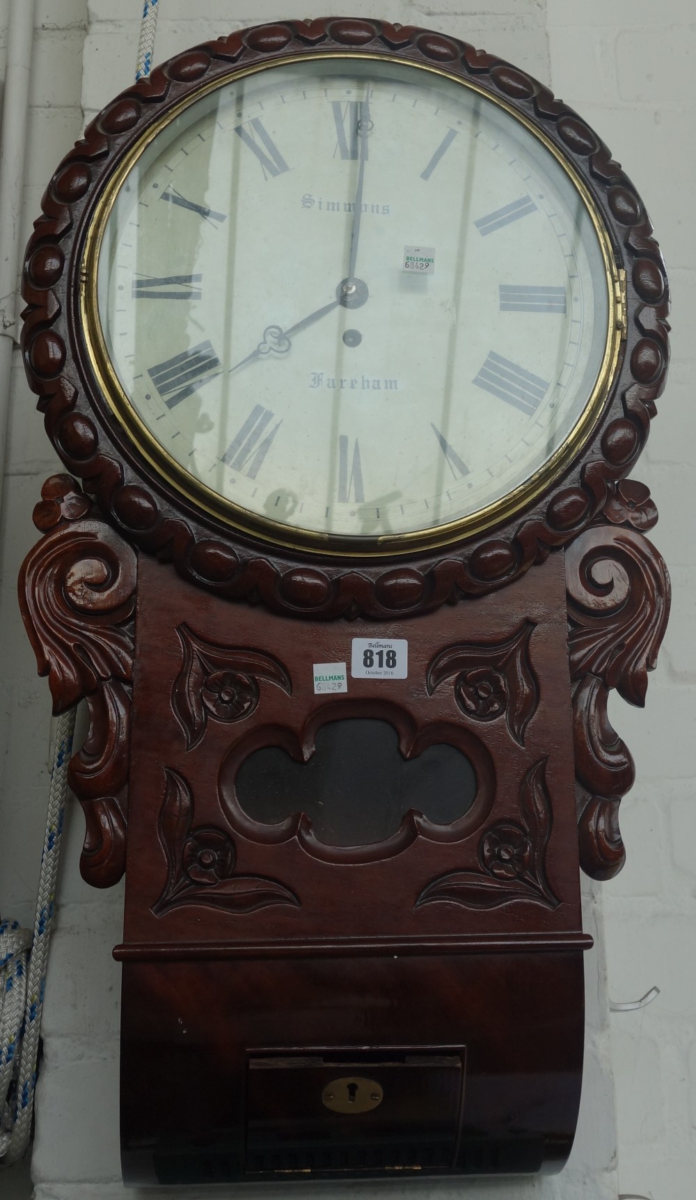 A mahogany cased drop dial wall clock, 19th century,