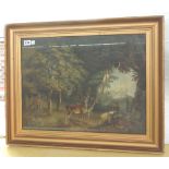 A Victorian sand picture depicting a stag and deer against a woodland backdrop, in a giltwood frame,