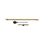 A gold curb link bracelet, on a snap clasp, length 18cm, gross weight 9 gms, a gold bar brooch,
