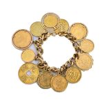 A gold hollow curb link bracelet, fitted with nine British and Foreign gold coins,