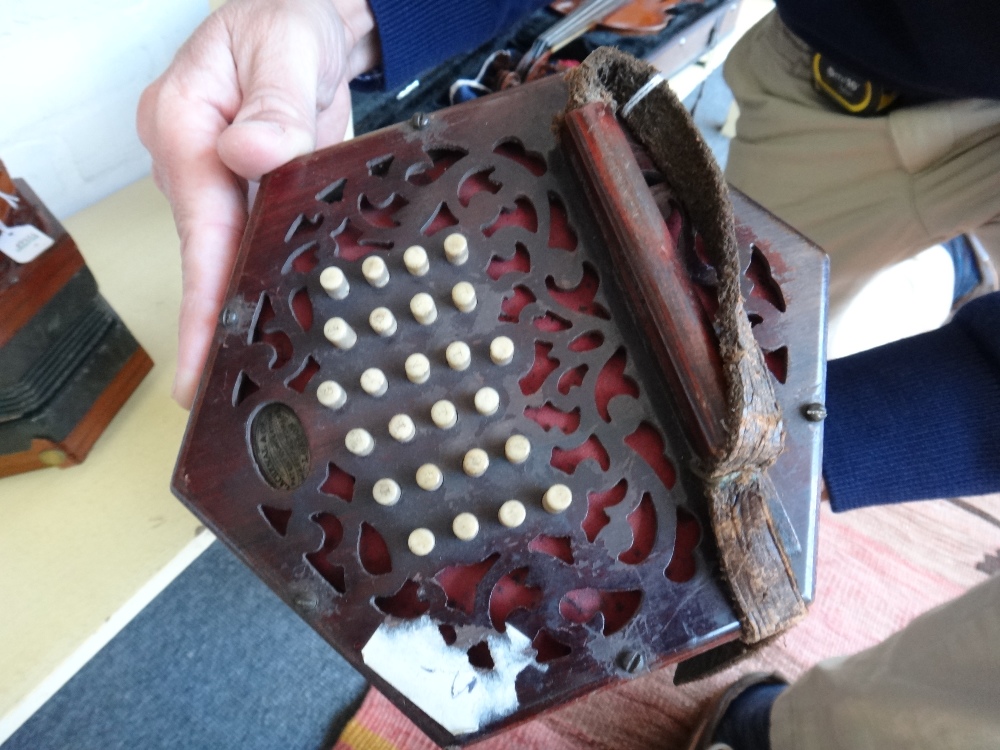 A Lachenal & Co concertina, 19th century, with forty seven bone buttons on pierced mahogany ends, - Image 11 of 11