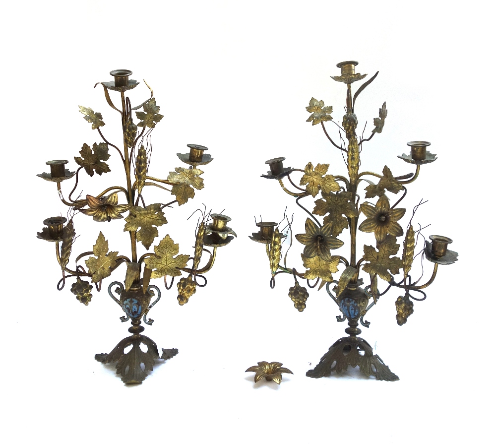 A pair of gilt metal five branch candelabra, late 19th/early 20th century,