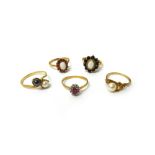 A 9ct gold, opal and sapphire oval cluster ring, a gold, opal and ruby oval cluster ring,