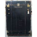 Two ebonised wooden bound travelling trunks, mid 20th century,