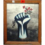 British School (20th century), Fist clasping flower, oil on board, 32.5cm x 27cm.