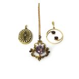 A gold, amethyst and seed pearl set pendant brooch,