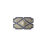 A sapphire, diamond and cultured pearl brooch, in a rectangular panel shaped geometric design,