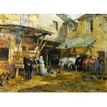 Samuel John Hodson (1836-1908), Horses and grooms in a stable yard, watercolour, signed, 40cm x 54.