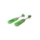 A pair of white gold and jade pendant earrings,