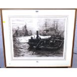 William Lionel Wyllie (1851-1931), Tugs and other shipping at sunset, etching, bears a signature,