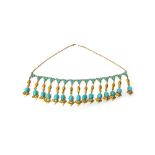 A gold and turquoise fringe necklace, the front designed as a row of drops,