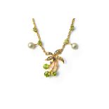 A gold, peridot, seed pearl and cultured pearl necklace, the front with a foliate spray motif,