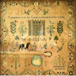 A Victorian needlework sampler by Manseret Hart, dated 1842, detailed with a castle,
