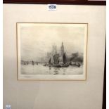 William Lionel Wyllie (1851-1931), Vessels on the Thames near Westminster, etching,