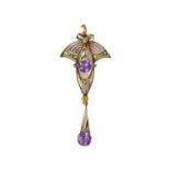 A Russian amethyst and demantoid garnet set pendant, in an Art Nouveau fanned and foliate design,