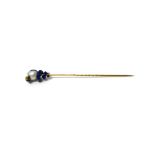 A gold, cultured pearl, diamond set and blue enamelled stick pin,