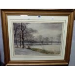 Charles Pinoult (19th century), Fields in winter, watercolour, signed, 34cm x 50cm.